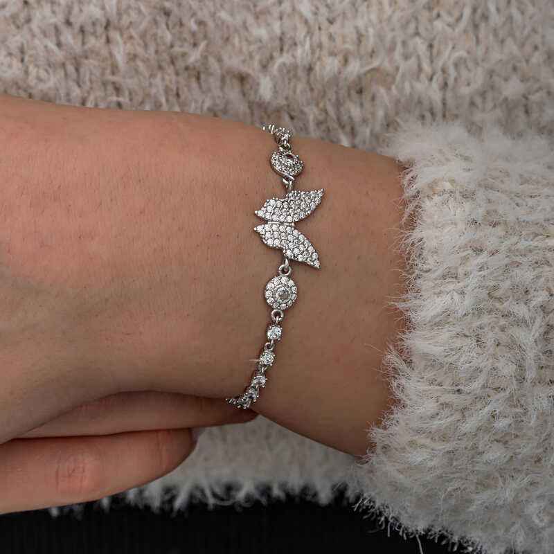 Zircon Stone Butterfly Women's Silver Bracelet