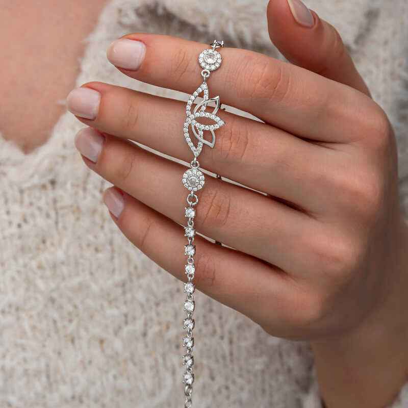 Zircon Stone Lotus Women's Silver Bracelet