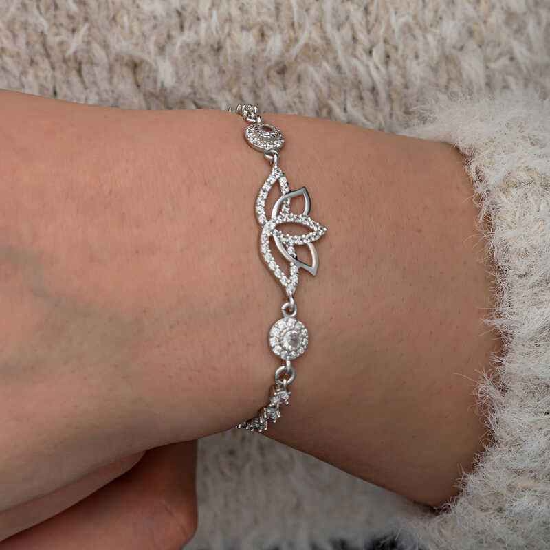 Zircon Stone Lotus Women's Silver Bracelet