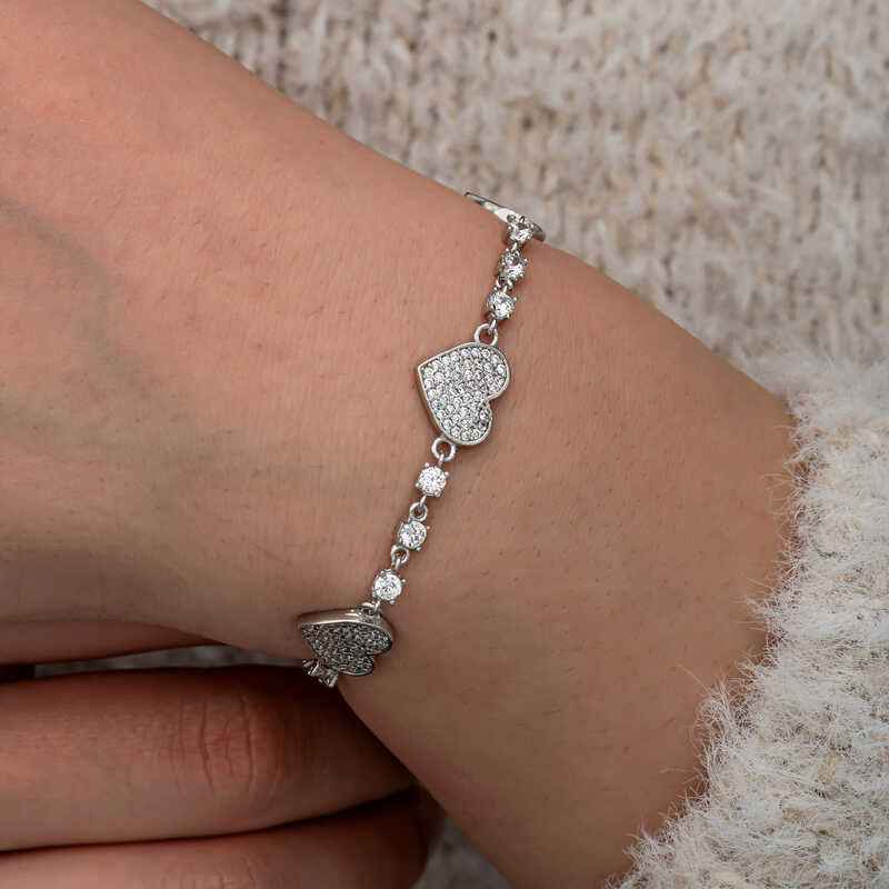 Zircon Stone Row Heart Women's Silver Bracelet