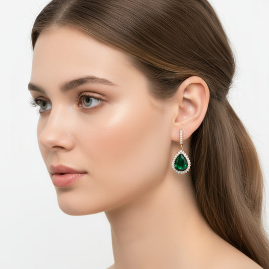 Emerald Stone Women's Silver Earrings