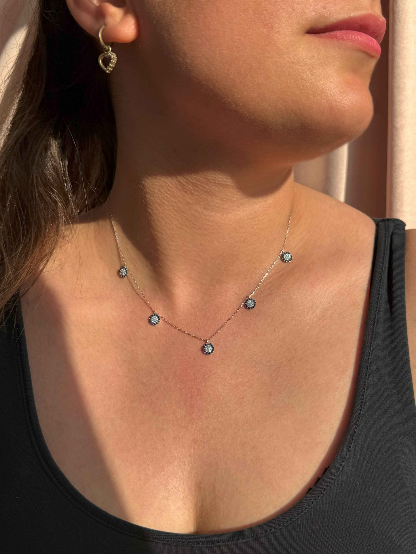 5 Navy White Turquoise Circle Silver Necklace