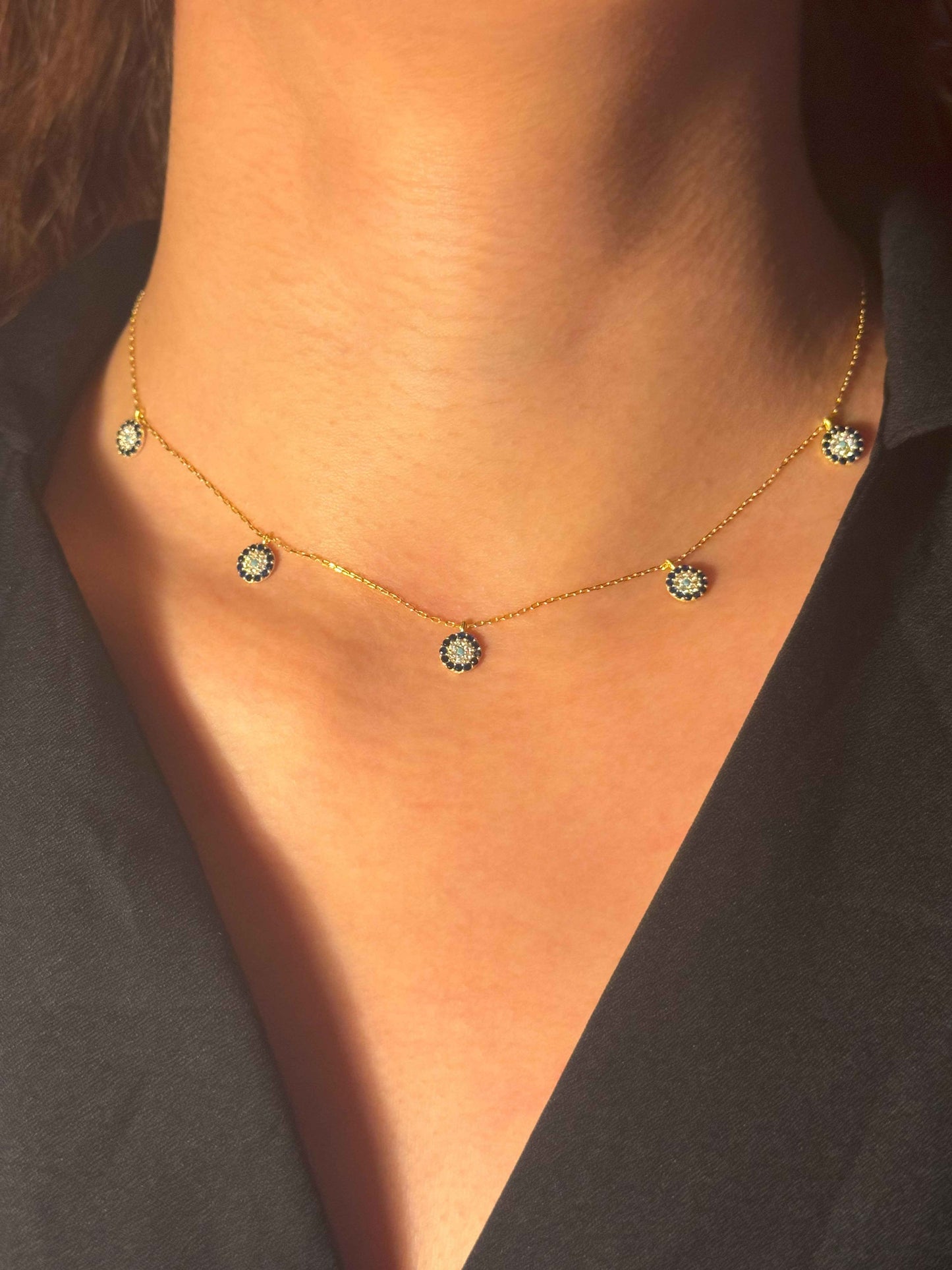 5 Navy White Turquoise Circle Silver Necklace