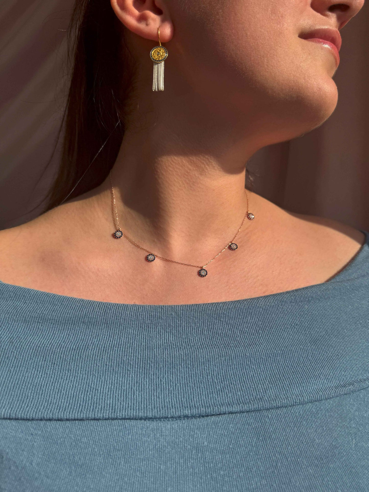 5 Navy White Turquoise Circle Silver Necklace