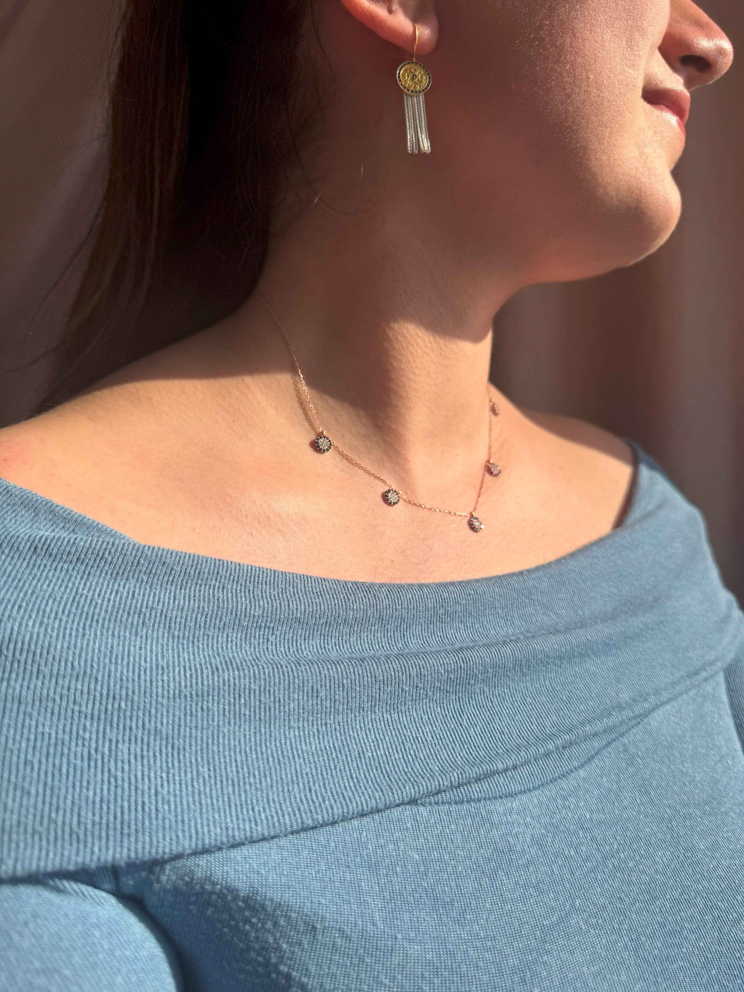 5 Navy White Turquoise Circle Silver Necklace