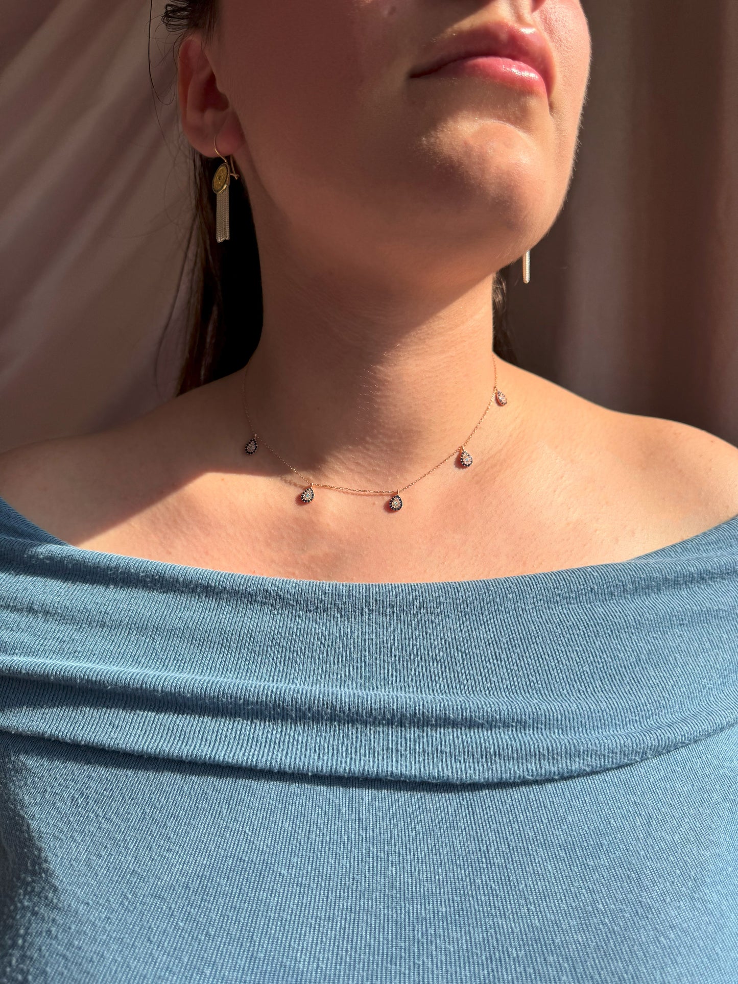 5 Navy White Turquoise Drop Silver Necklace