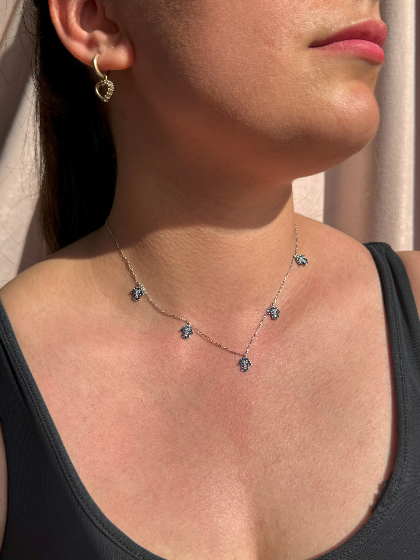 5 Navy White Hand Silver Necklace