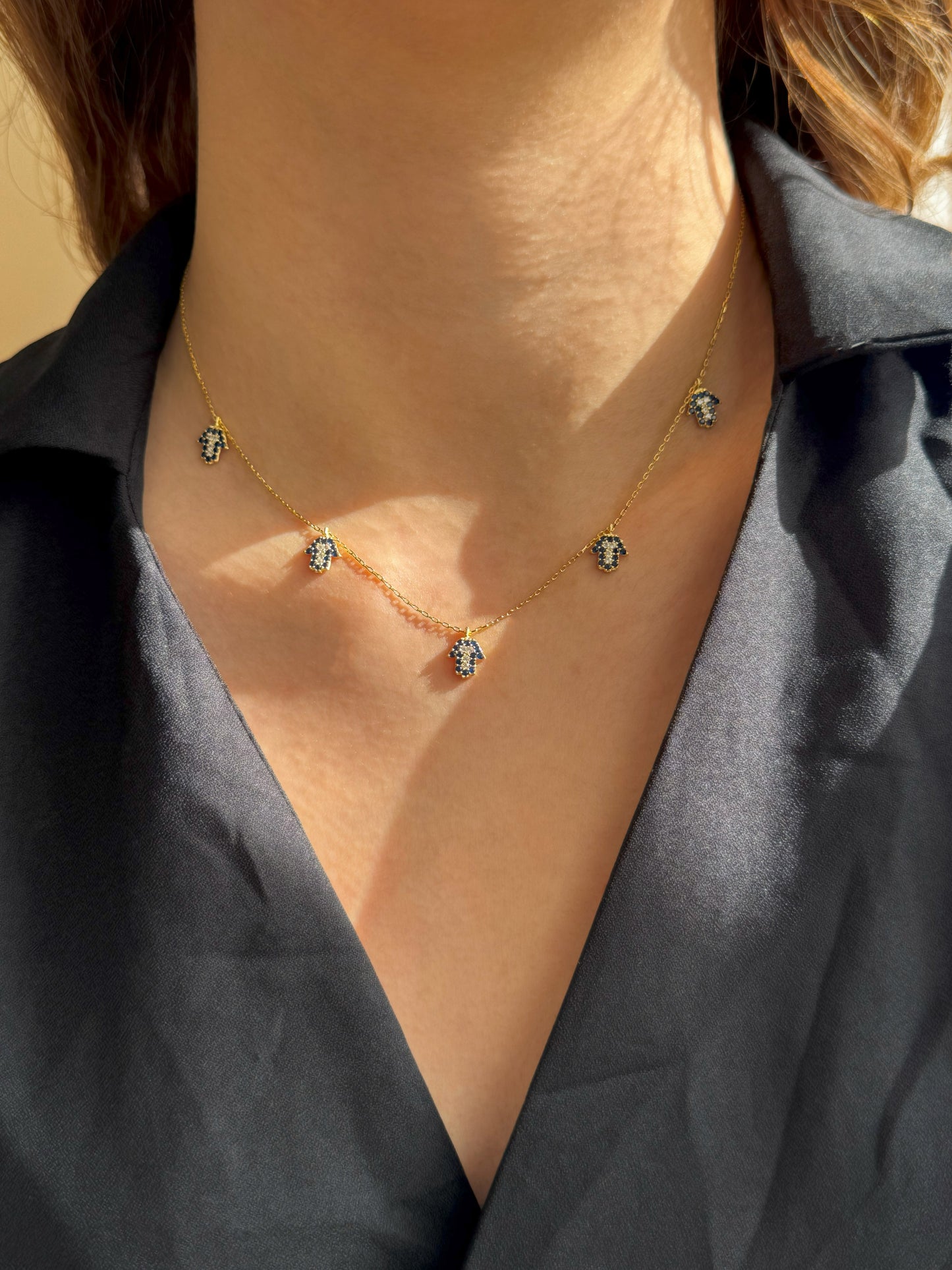 5 Navy White Hand Silver Necklace