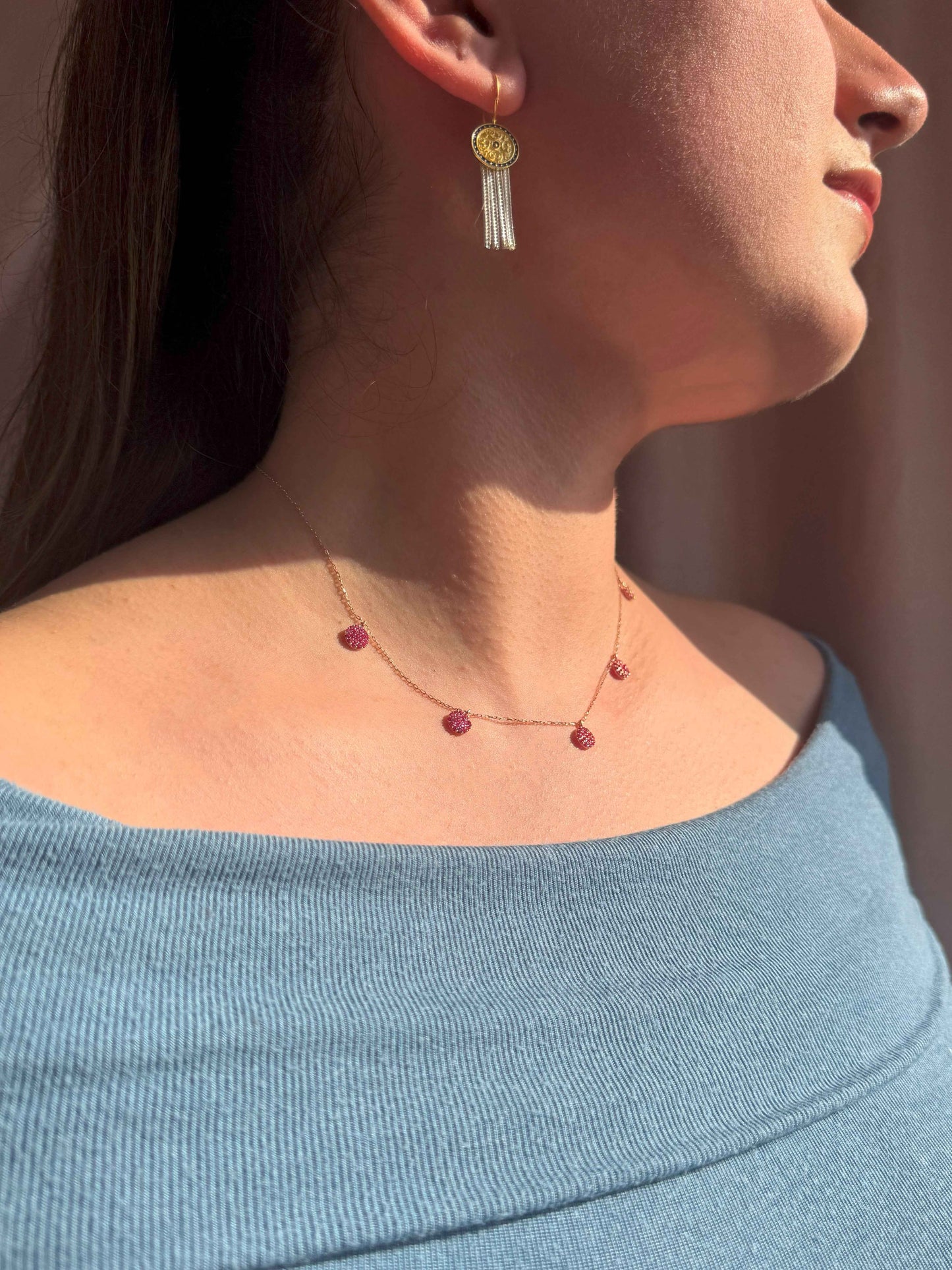5 Red Circle Silver Necklace