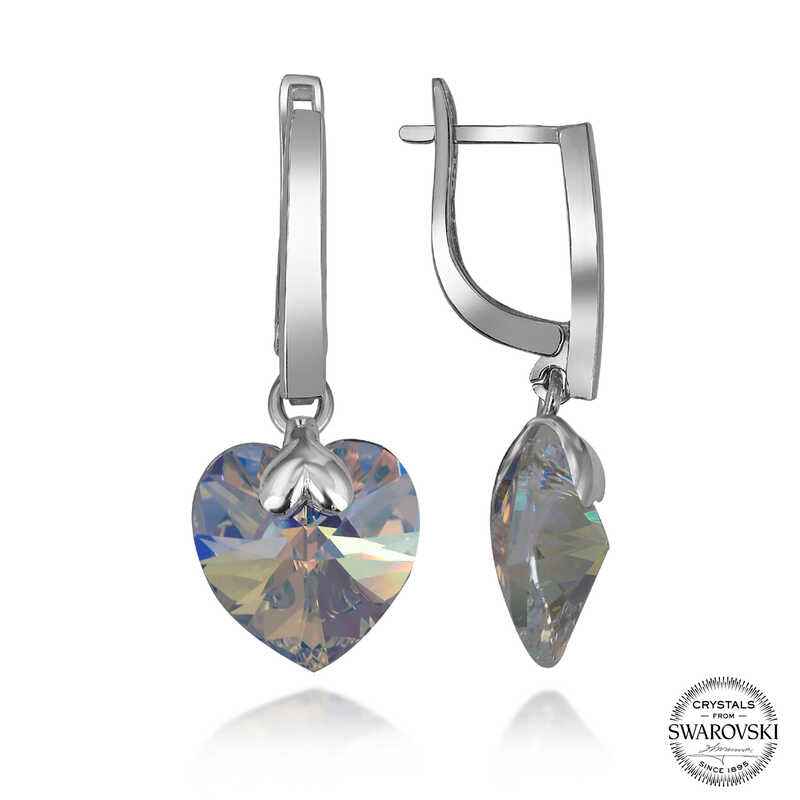 Swarovski Crystal White Heart Dangle Women's Silver Earrings