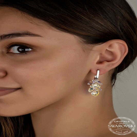 Crystal Heart Cluster Dangle Stud Women's Silver Earrings