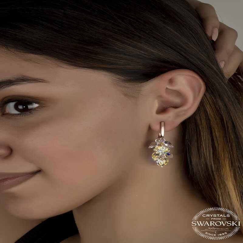 Swarovski Crystal Heart Cluster Dangle Stud Women's Rose Plated Silver Earrings