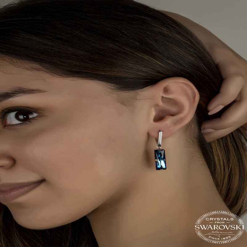 Swarovski Crystal Blue Baguette Dangle Women's Silver Earrings
