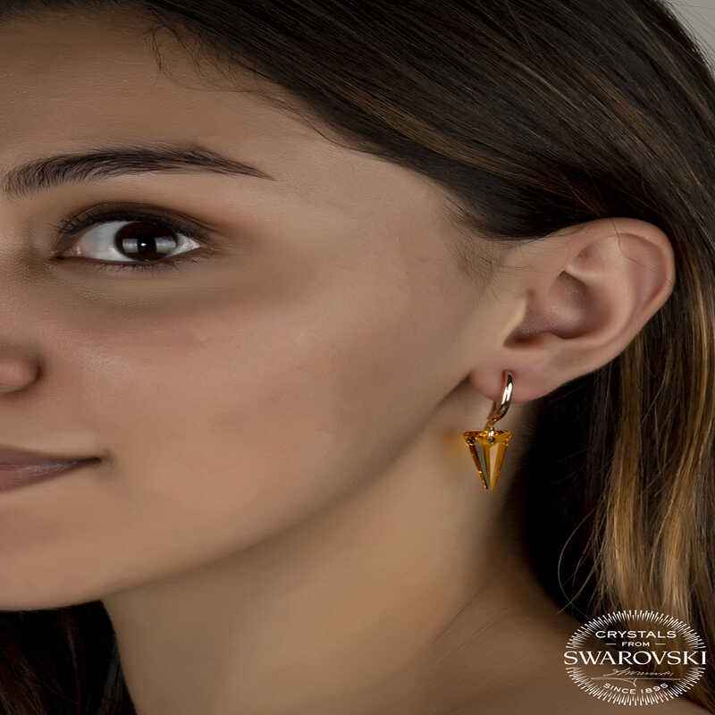 Swarovski Crystal Yellow Stone Triangular Dangle Women's Silver Earrings