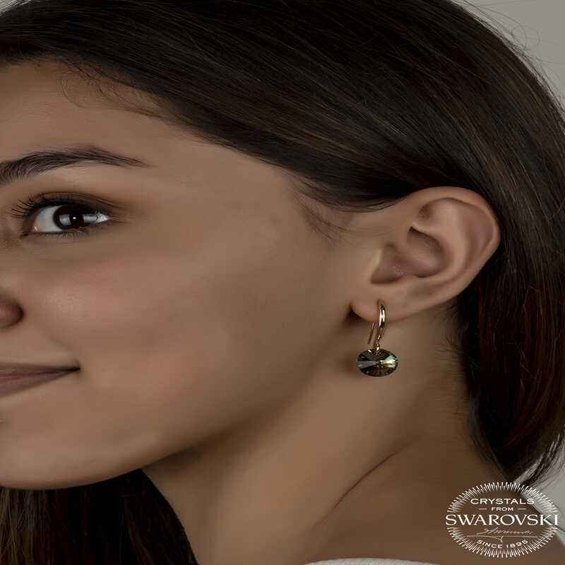 Swarovski Crystal Green Stone Round Dangle Women's Rose Plated Silver Earrings