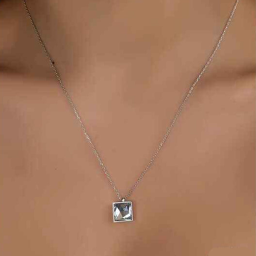 Square Swarovski Crystal Stone Women's Silver Pendant Necklace