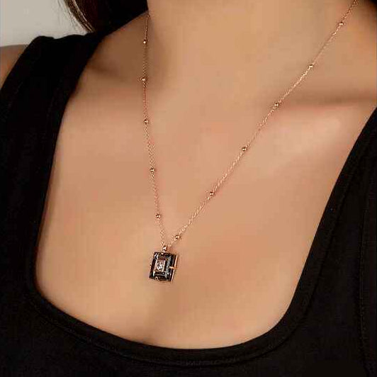 Swarovski Crystal Stone Rose Plated Chain Black Diamond Women's Silver Necklace