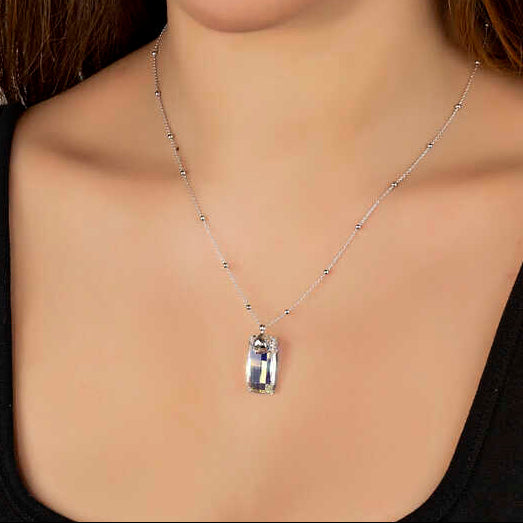Crystal Stone Ball Chain Baguette Women's Silver Necklace