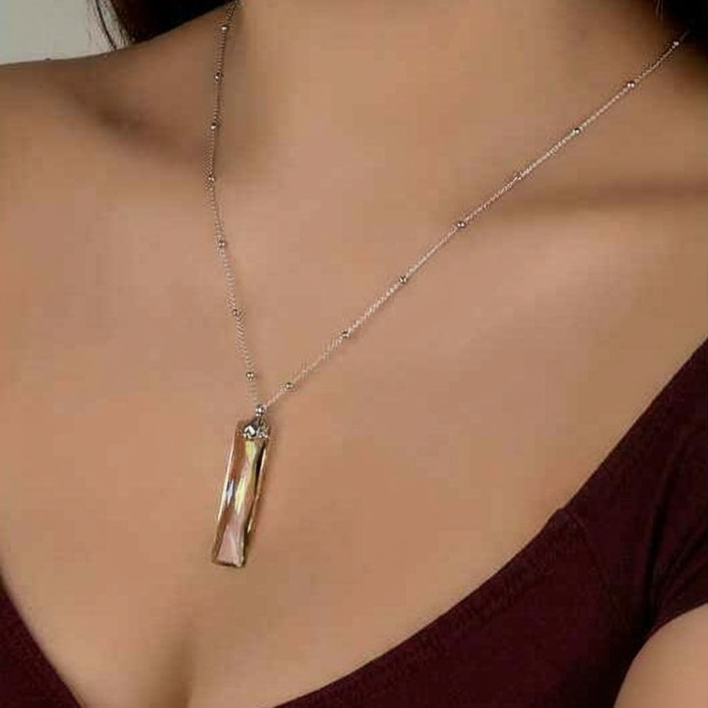 Swarovski Crystal Stone Ball Chain Baguette Women's Silver Necklace