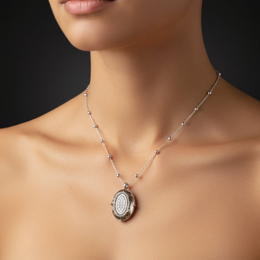 Crystal Stone Ball Chain Oval Women's Silver Necklace