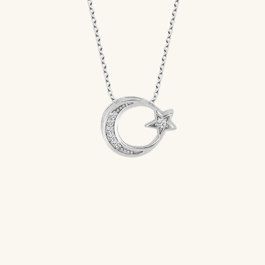 Crystal Stone Crescent Moon Women's Silver Necklace