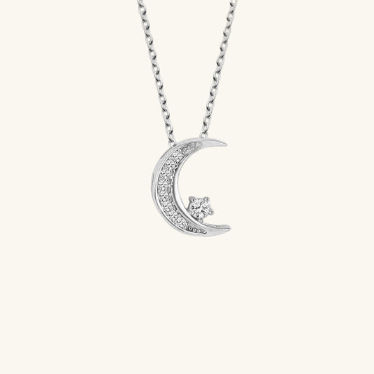 Crystal Stone Crescent Moon Women's Silver Necklace