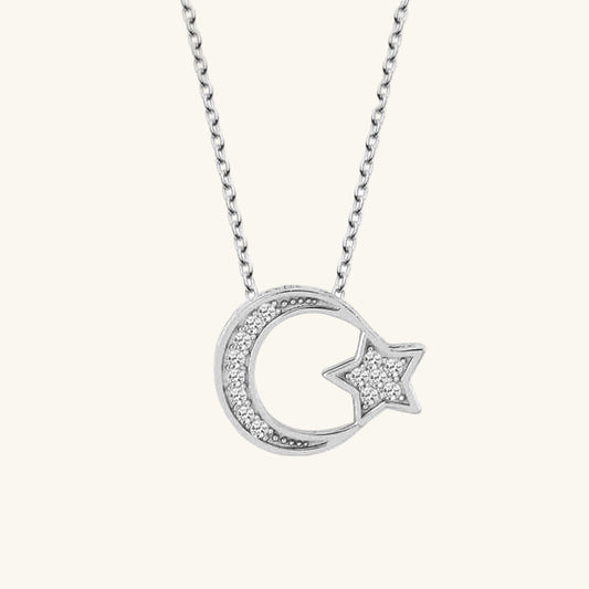Crystal Stone Crescent Moon Women's Silver Necklace