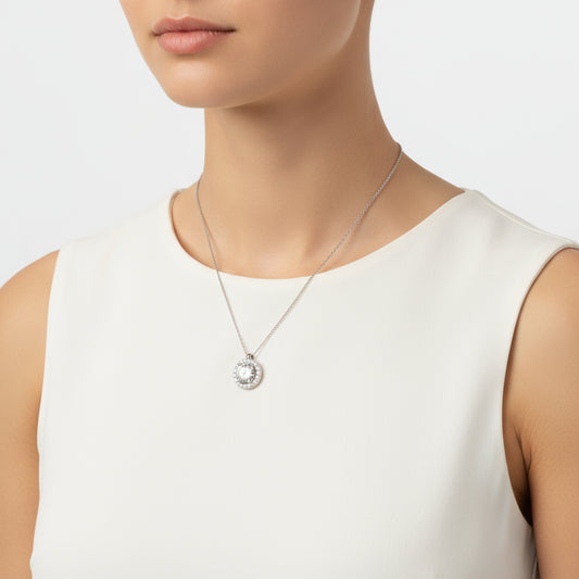 Crystal Stone Circle Solitaire Women's Silver Necklace