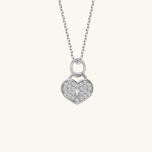 Crystal Stone Heart Lock Women's Silver Necklace