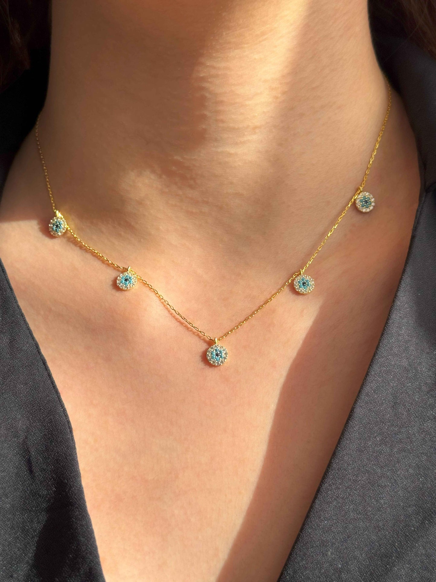 5 White Turquoise Navy Circle Silver Necklace