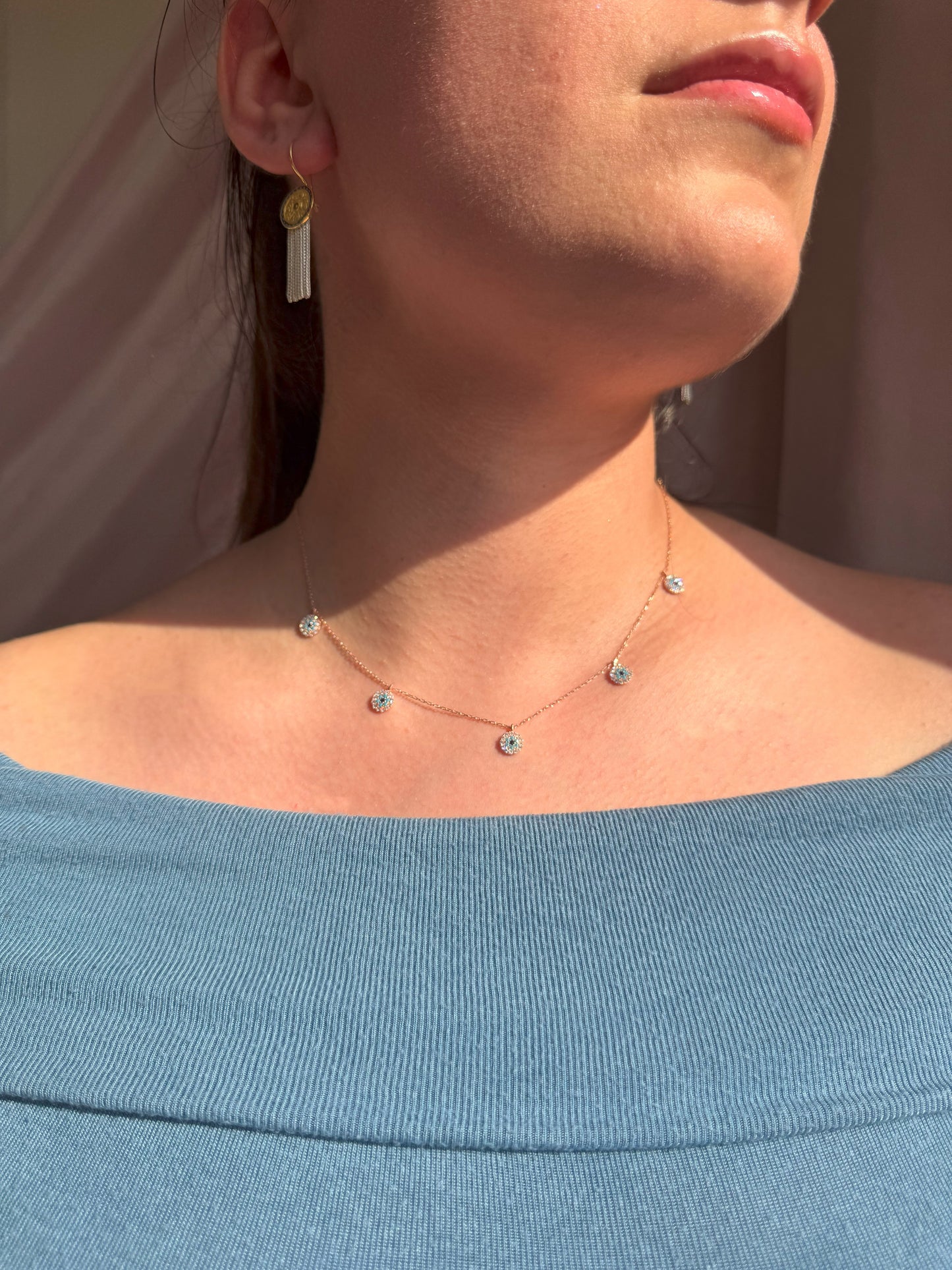 5 White Turquoise Navy Circle Silver Necklace