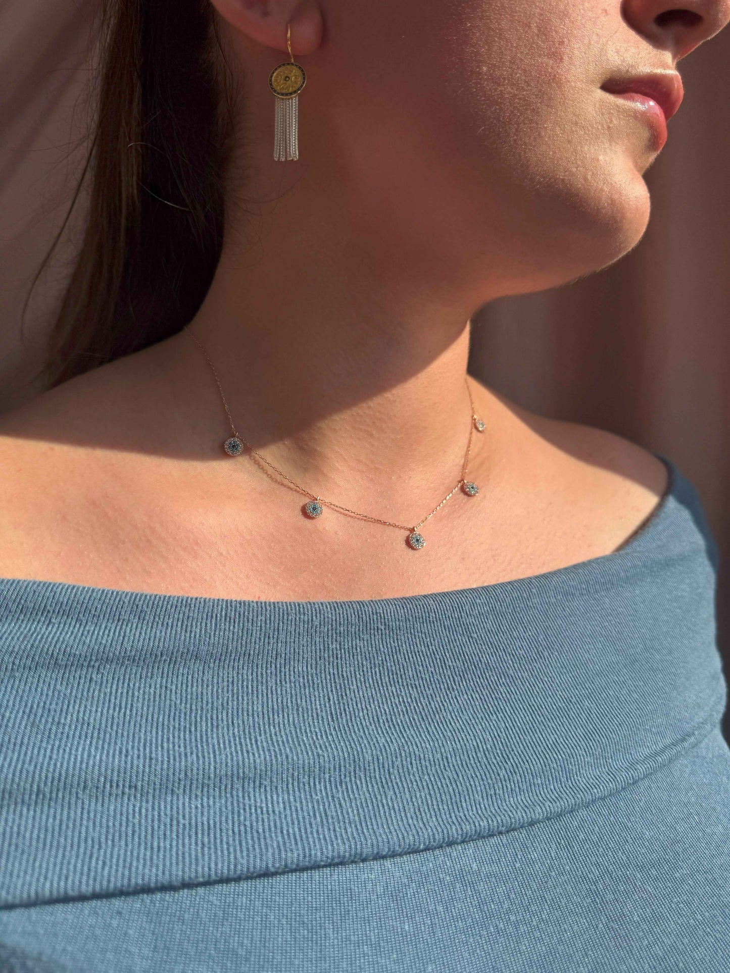 5 White Turquoise Navy Circle Silver Necklace