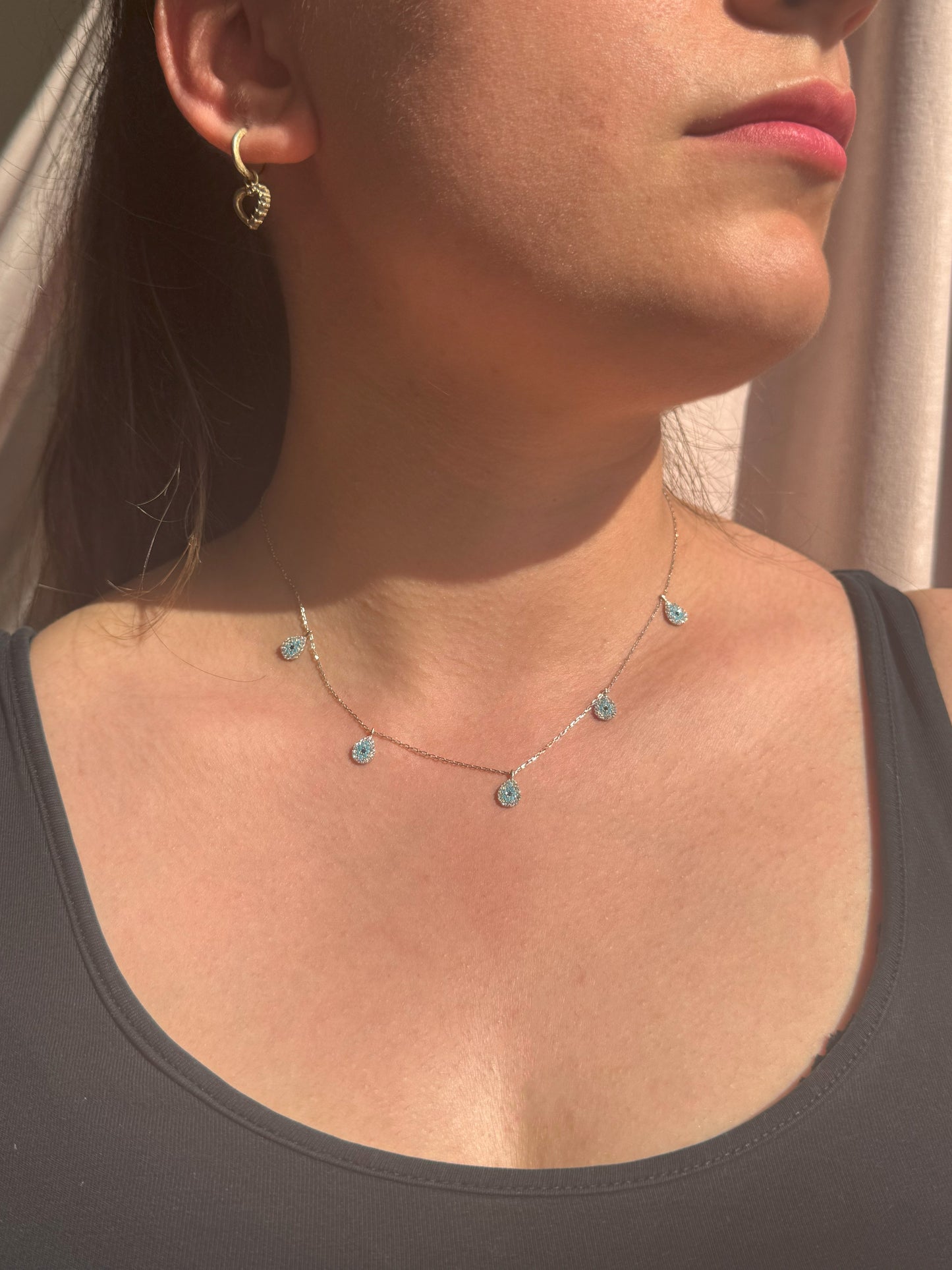 5 White Turquoise Navy Drop Silver Necklace