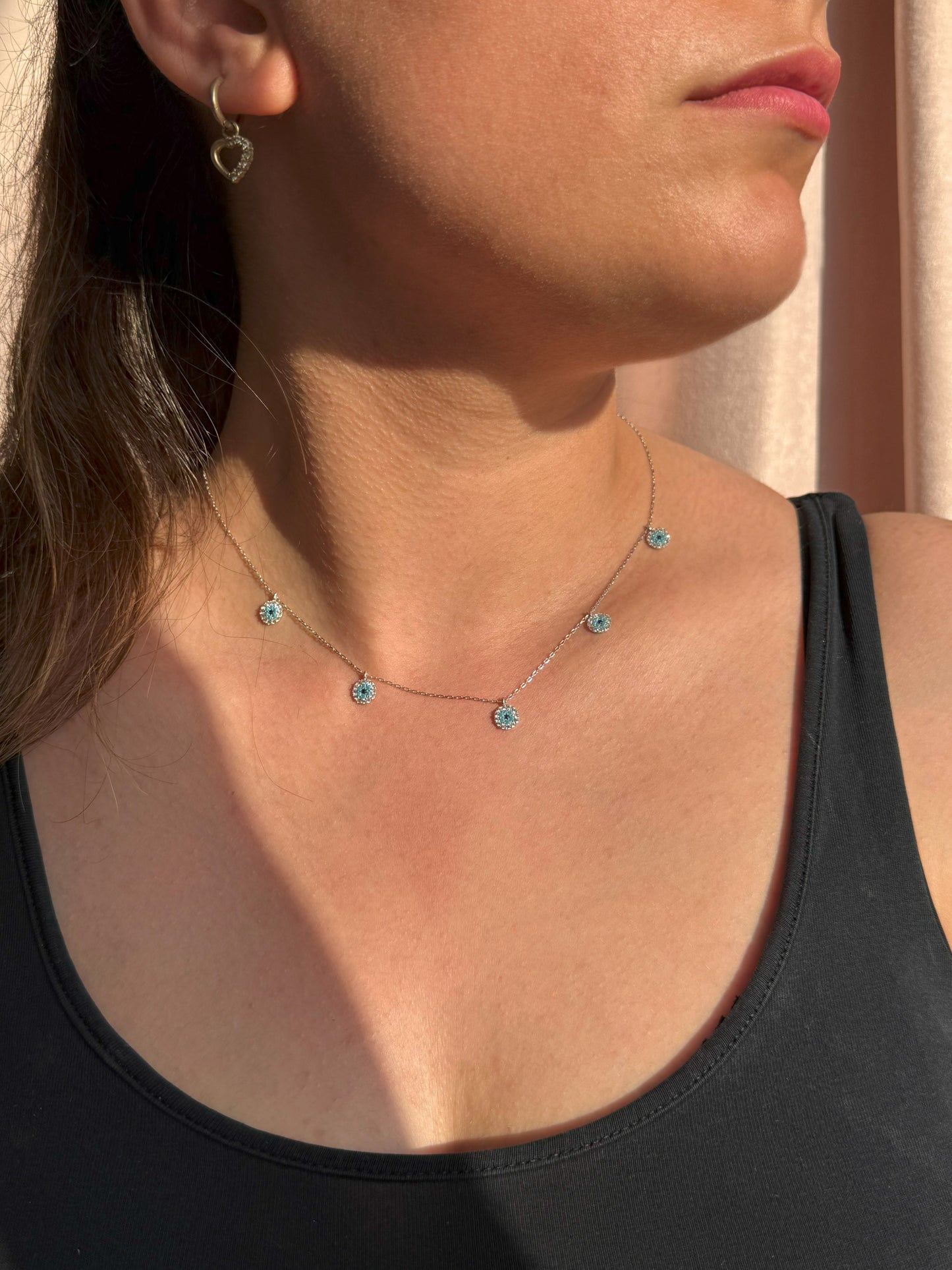 5 White Turquoise Navy Circle Silver Necklace