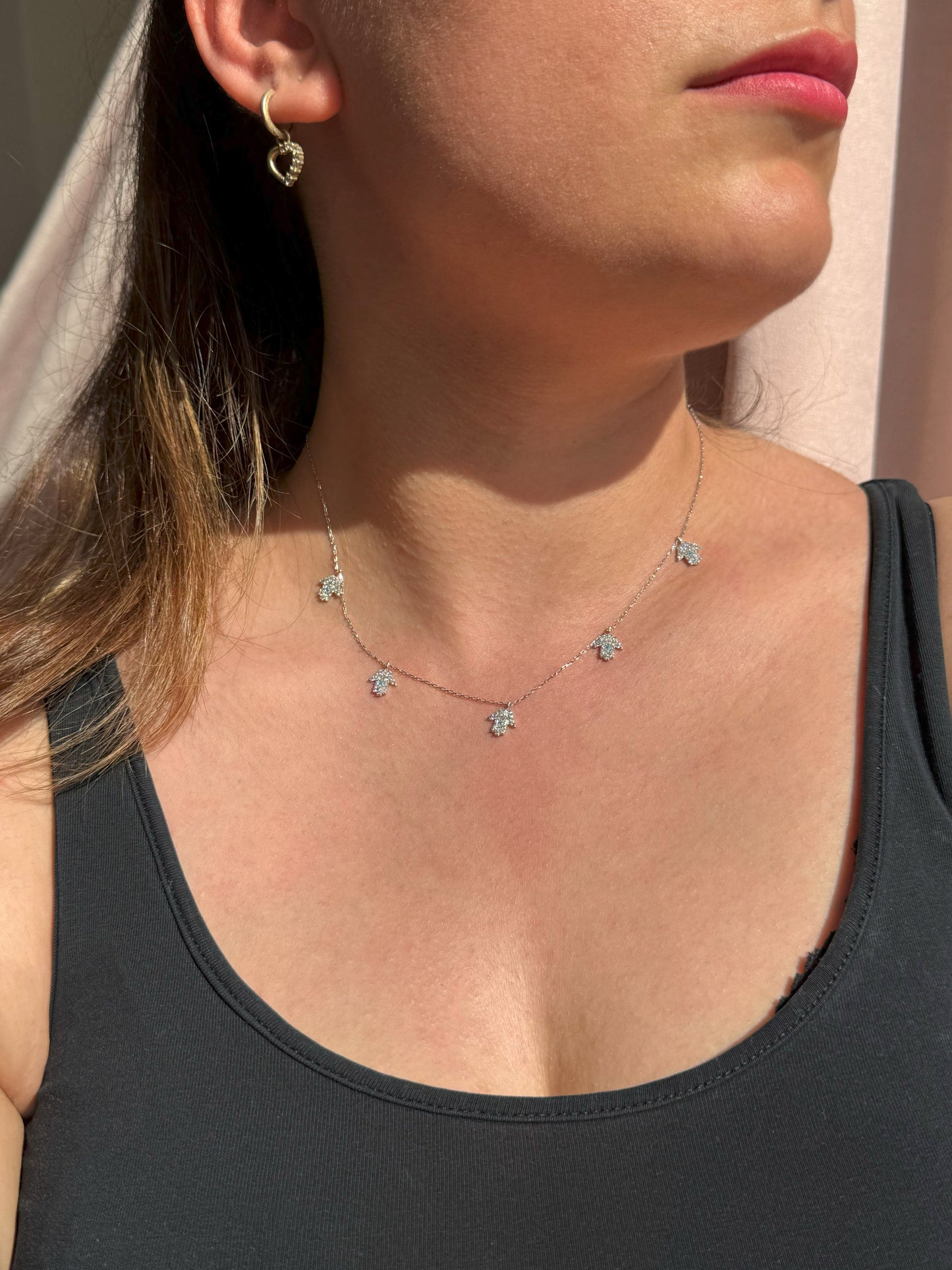 5 White Turquoise Hand Silver Necklace
