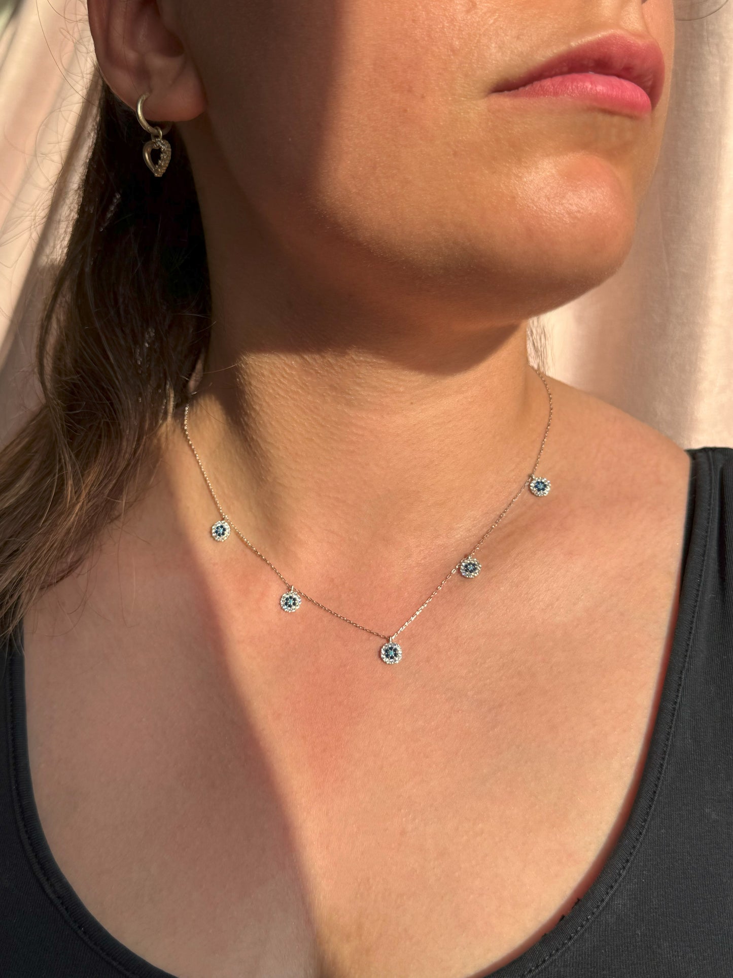 5 White Navy Turquoise Circle Silver Necklace