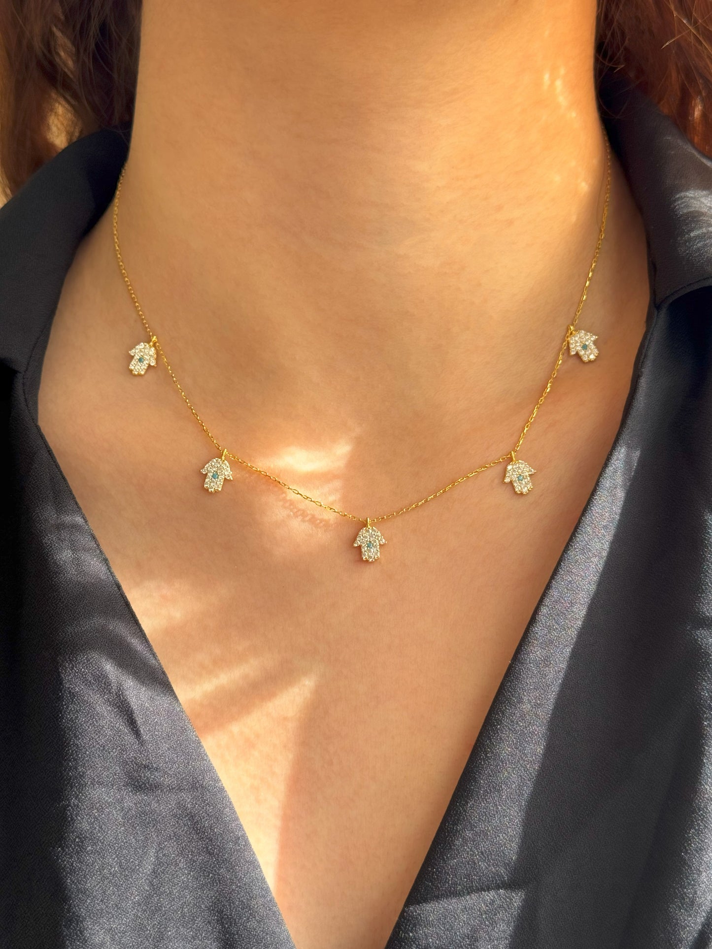 5 White Turquoise Hand Silver Necklace