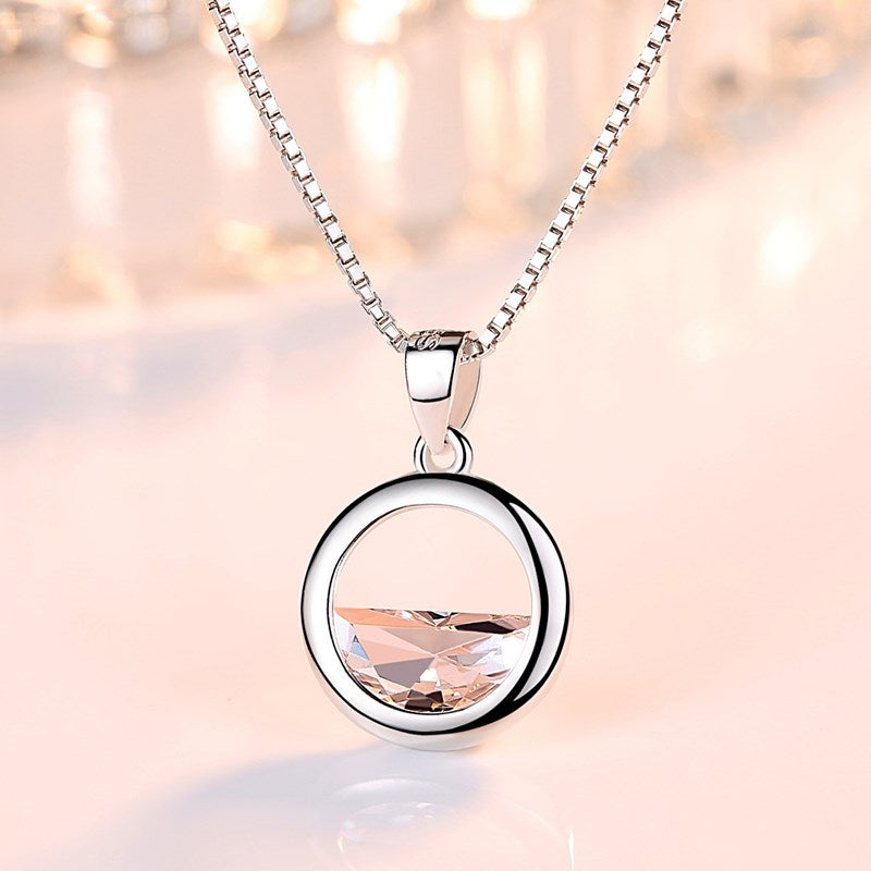 925 Sterling Silver Crystal Zircon Round Retro Simple Necklace Long 45cm