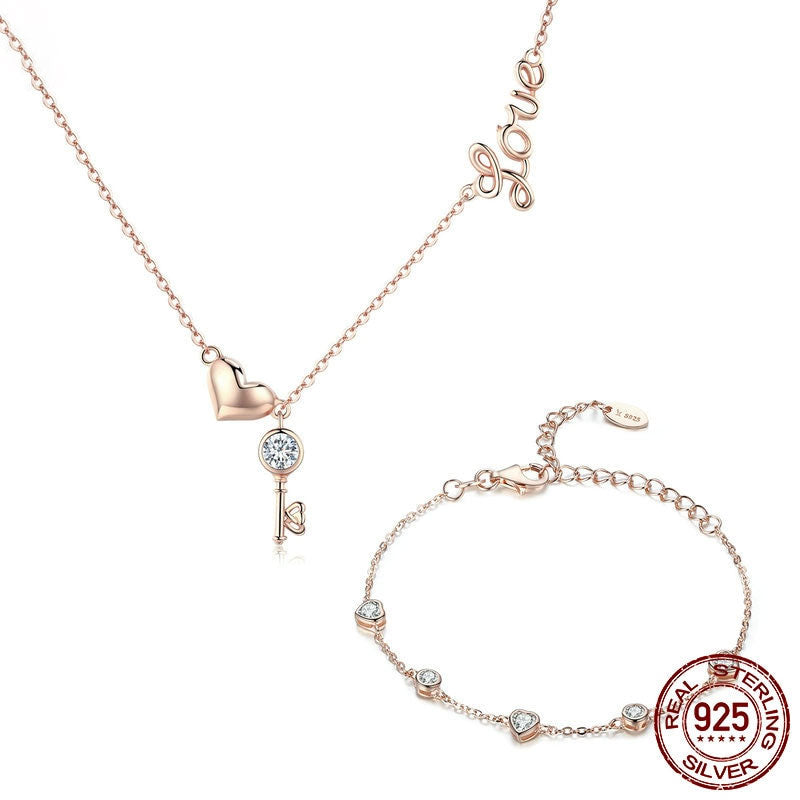 925 Sterling Silver Key Lock of Love Gold Color Necklace and Bracelet Jewelry Set