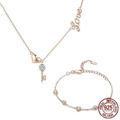 925 Sterling Silver Key Lock of Love Gold Color Necklace and Bracelet Jewelry Set