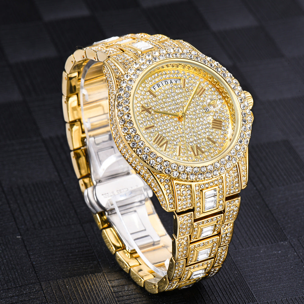 Outside The Watch Fashionable High-end Double Calendar Business Full Diamond Quartz