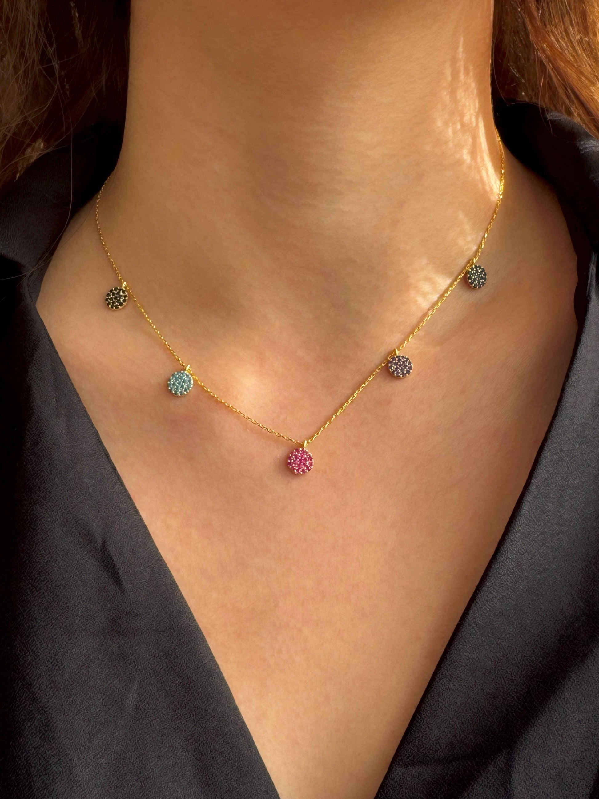 5 Color Circle Silver Necklace