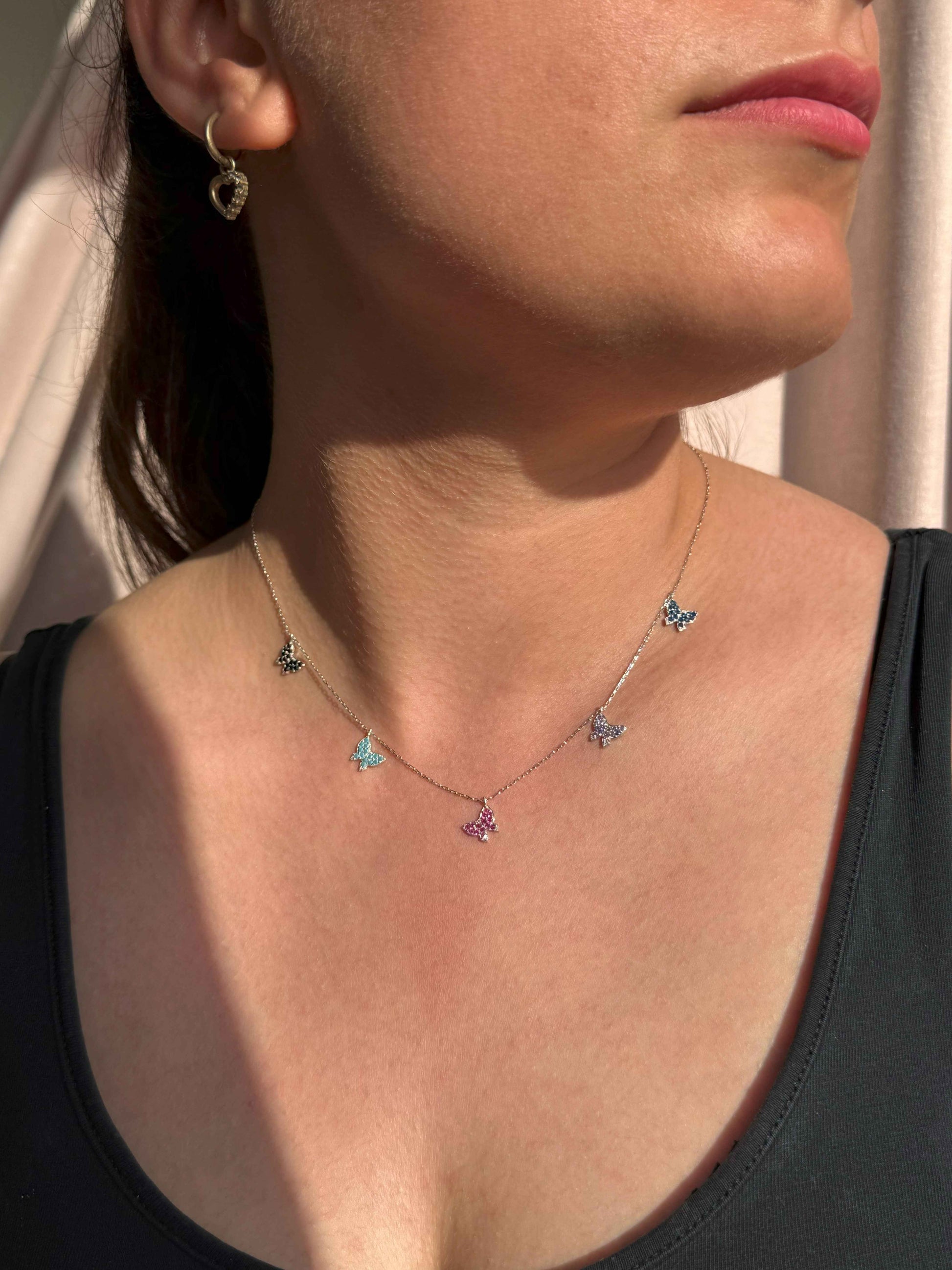 5 Color Butterfly Silver Necklace