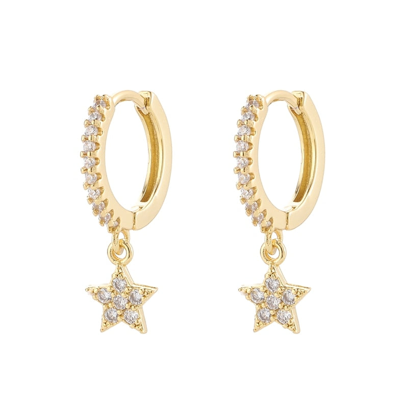 925 Sterling Silver Shiny Inlaid Micro Cubic Zircon Star Hoop Earring