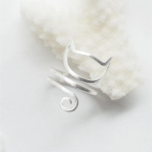 925 Silver Personalized Winding Brushed Cat Ring