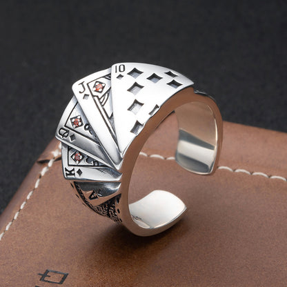 Tonghuashun Poker Brand Sterling Silver Ring Men's Retro