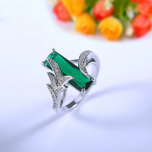 925 Sterling Silver Rectangle Shaped Green Topaz Gemstone Ring