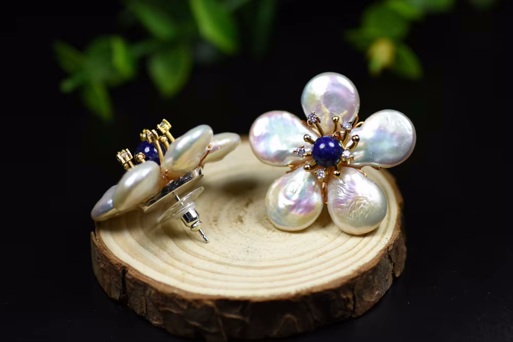 Natural Fresh Water Baroque Pearl Lapis Lazuli Flower Stud Earring