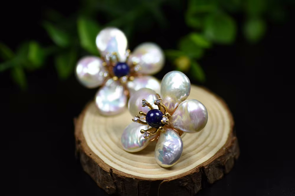 Natural Fresh Water Baroque Pearl Lapis Lazuli Flower Stud Earring