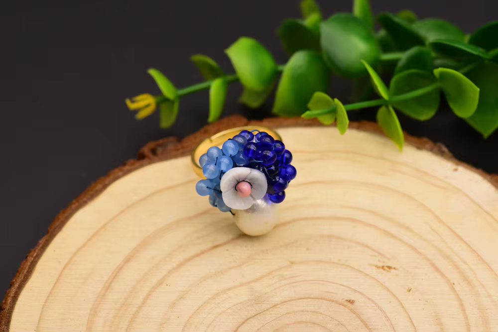 925 Sterling Silver Natural Pearl Blue Stone Shell Flower Ring